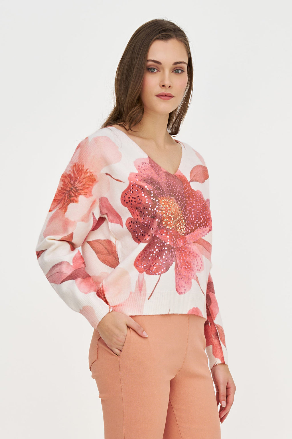 Women's Printed Knit V-Neck Sweater