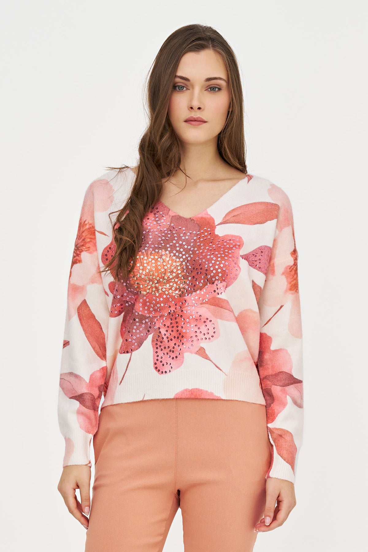 Women's Printed Knit V-Neck Sweater