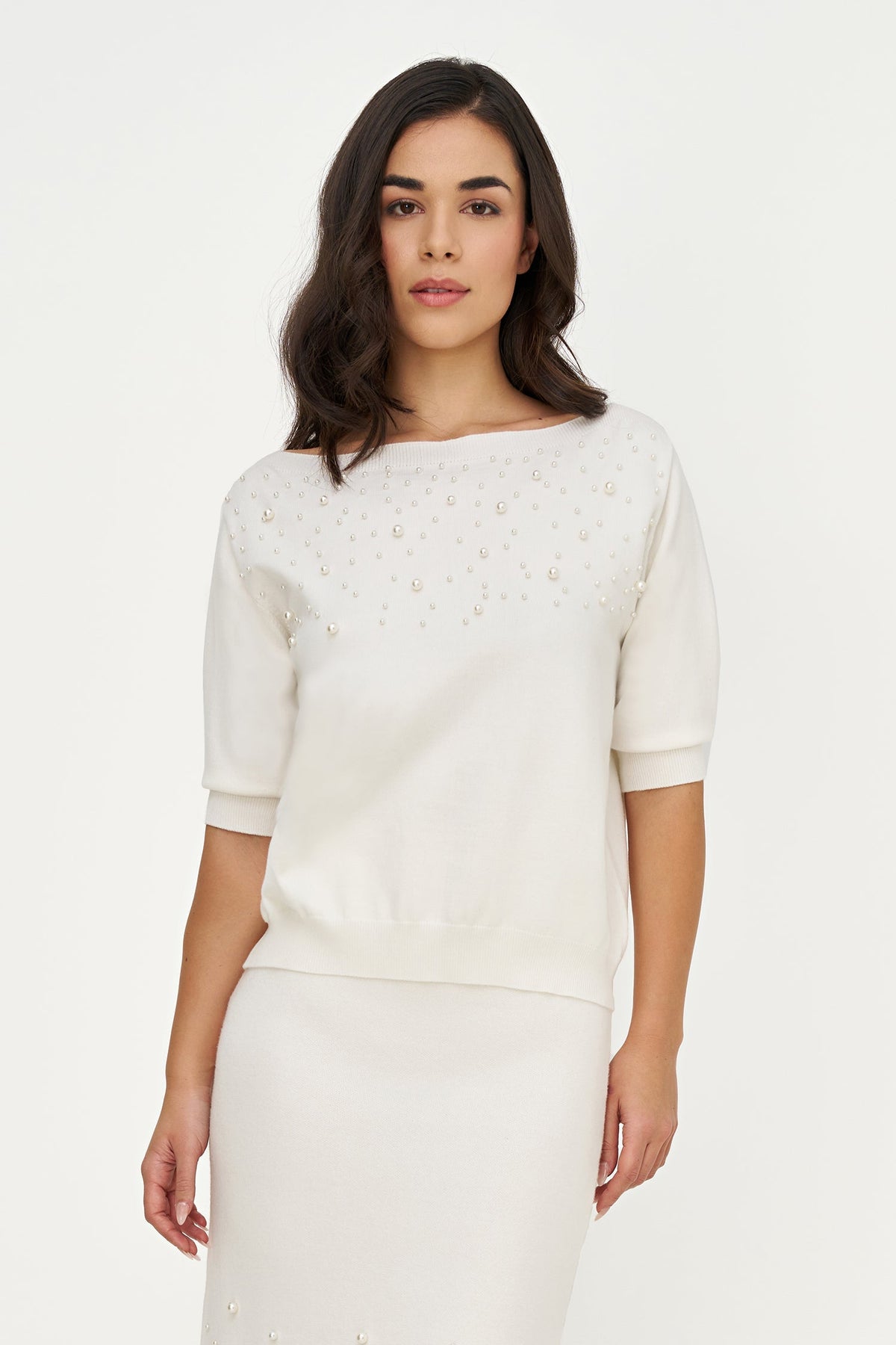 Women's Boat-Neck Sweater with Pearl Details